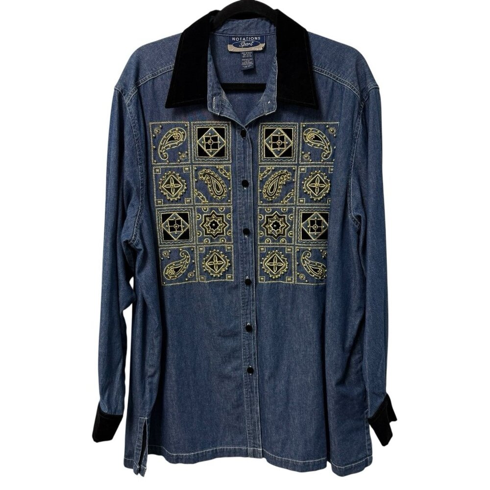 NOTATIONS SPORT CHAMBRAY DENIM SHIRT BEADED EMBELLISHED VELVET ARTSY SIZE 2X